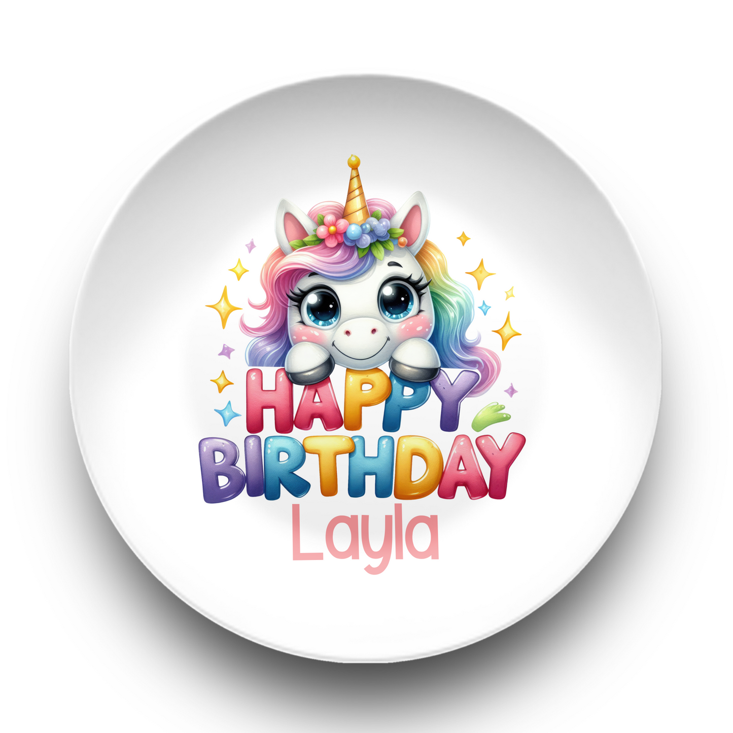 Cute little cartoon unicorn with a pastel rainbow mane and flowers around her horn peeks over rainbow letters spelling out 'Happy Birthday' with custom name underneath in pink